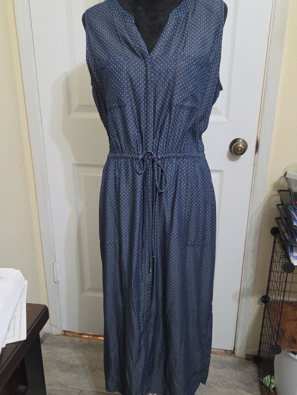 Chico's Women's Sleeveless Navy Polka Dot Drawstring Midi Dress -L (Chico's 2)